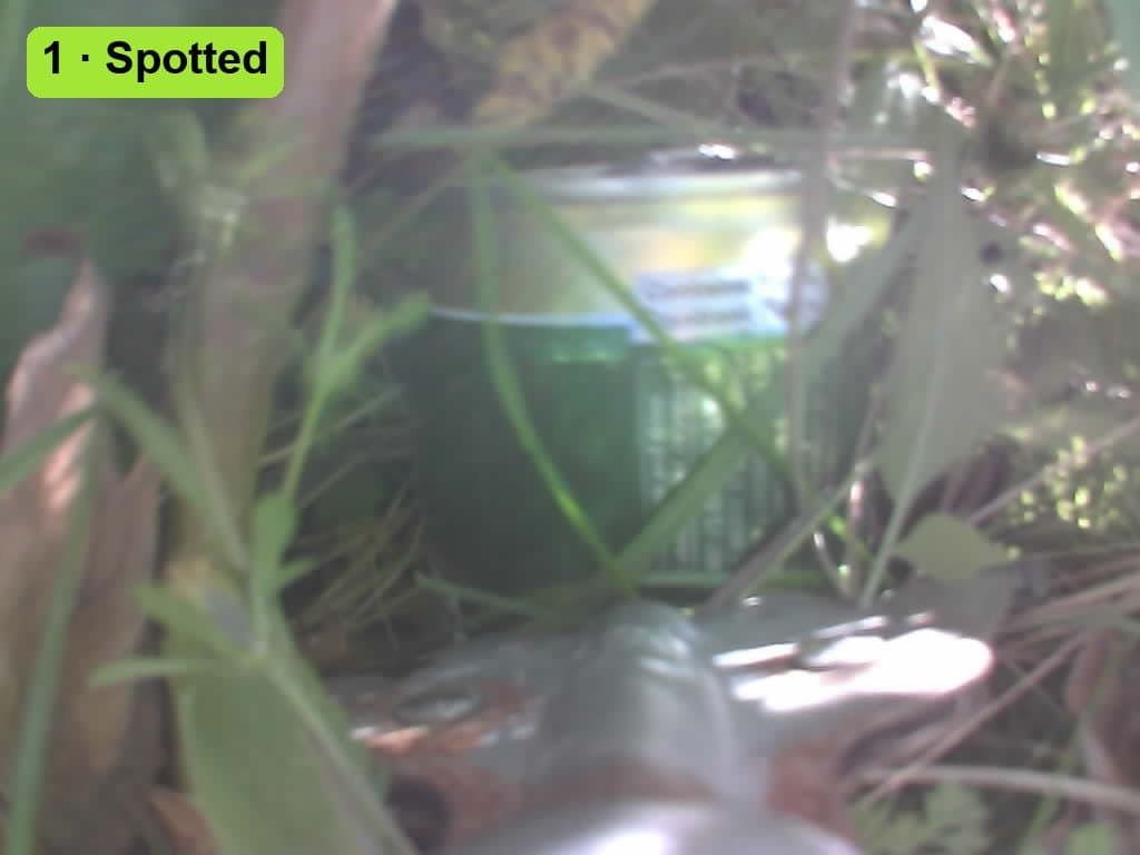 A green beer can half hidden in tall weeds, seen from the camera above the picker’s jaws.