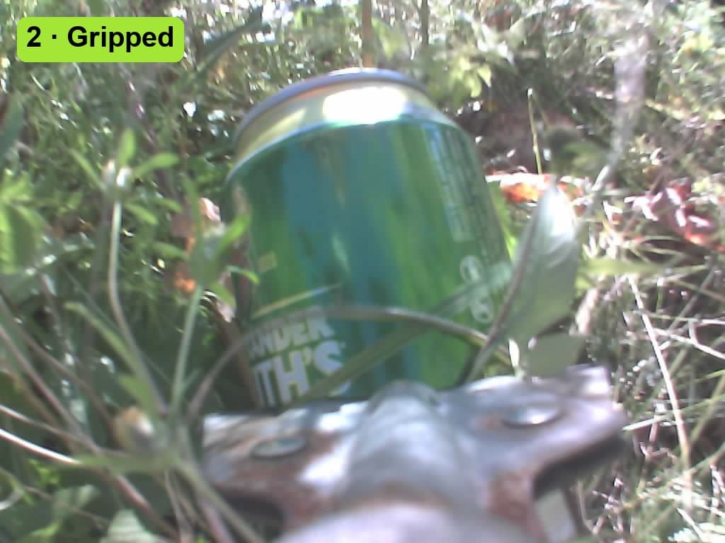 The green beer can held upright in the picker’s jaws among weeds.