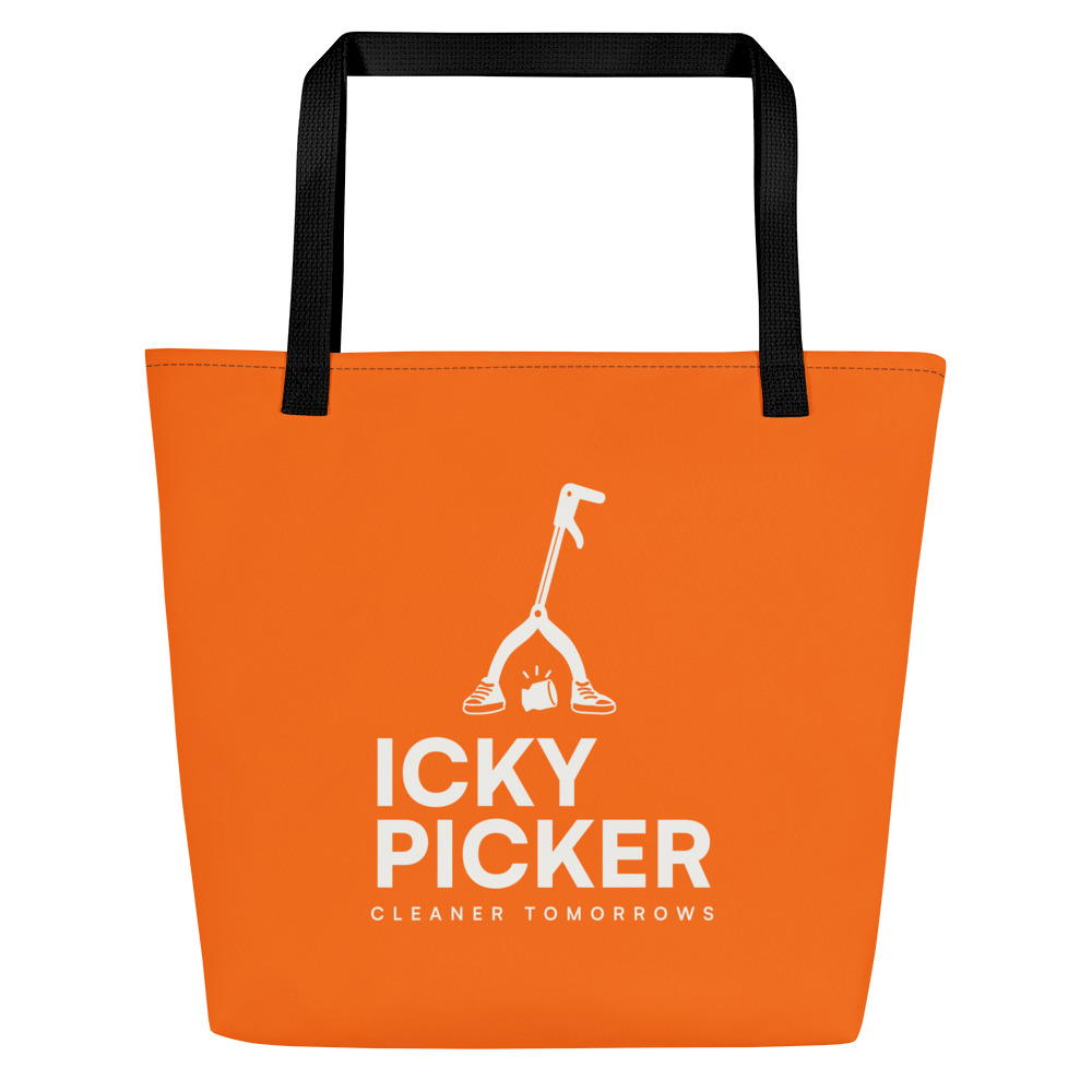 A large blaze orange tote bag with black handles and the cream Icky Picker logo printed large on the front.