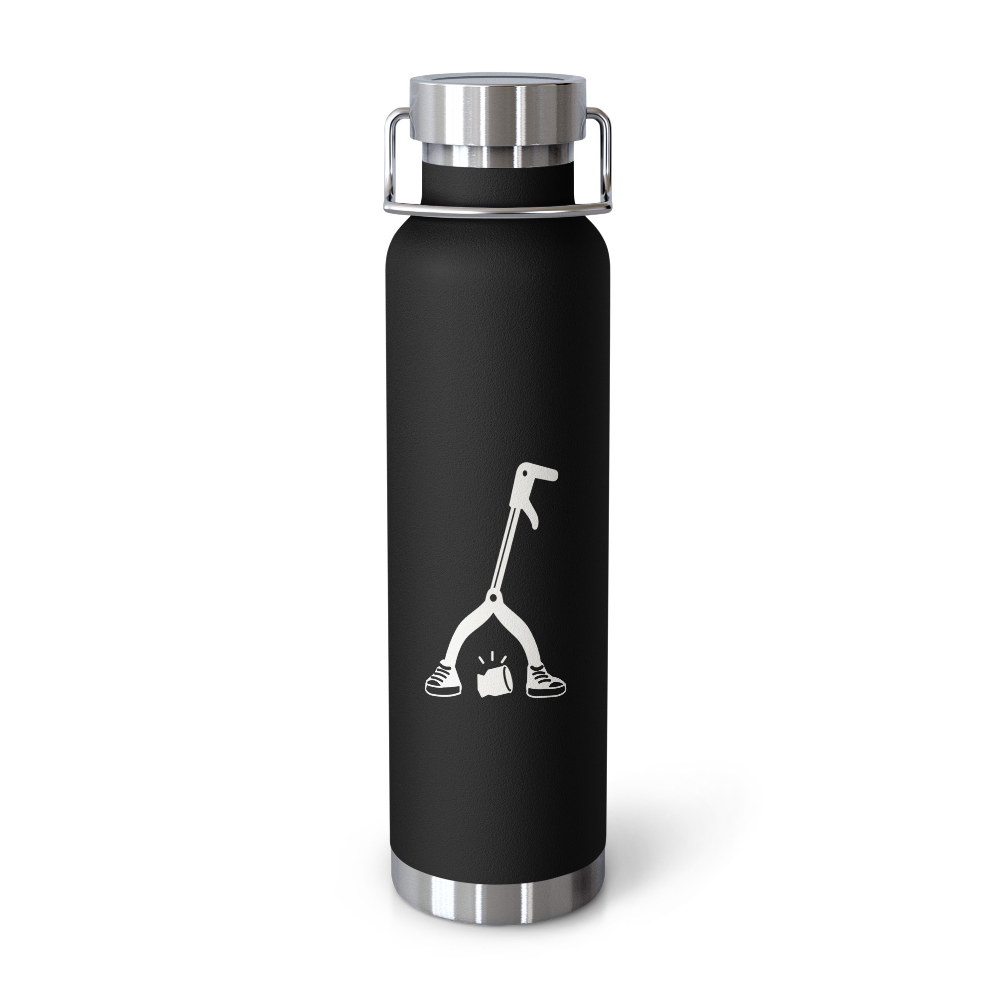 The matte black copper-insulated steel bottle with the cream Icky Picker mascot printed on the front.