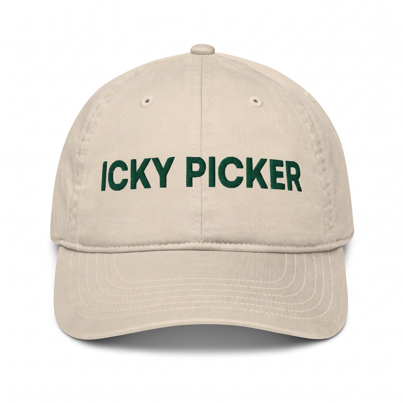 The oyster organic cotton Econscious cap with ICKY PICKER embroidered across the front in green.