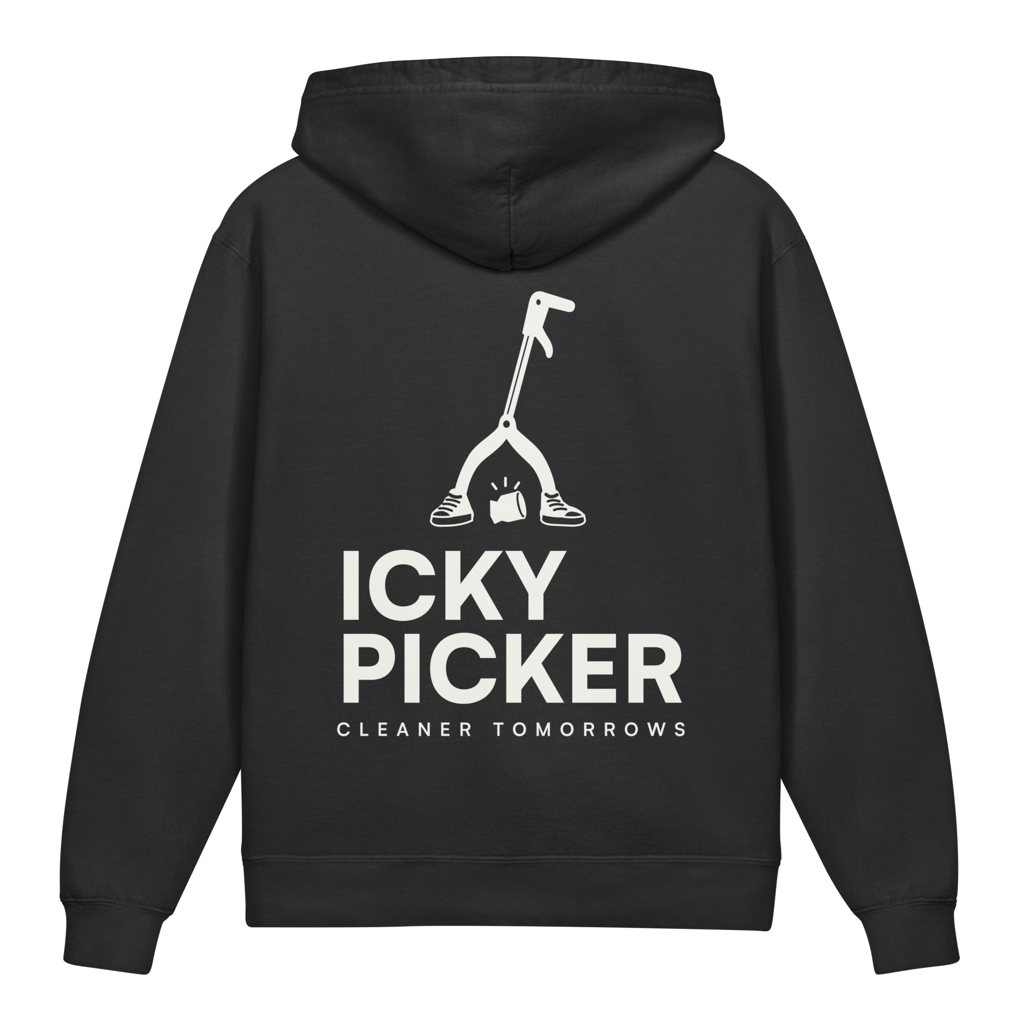 Back of the ivory youth hoodie with the full-colour Icky Picker logo across the back.