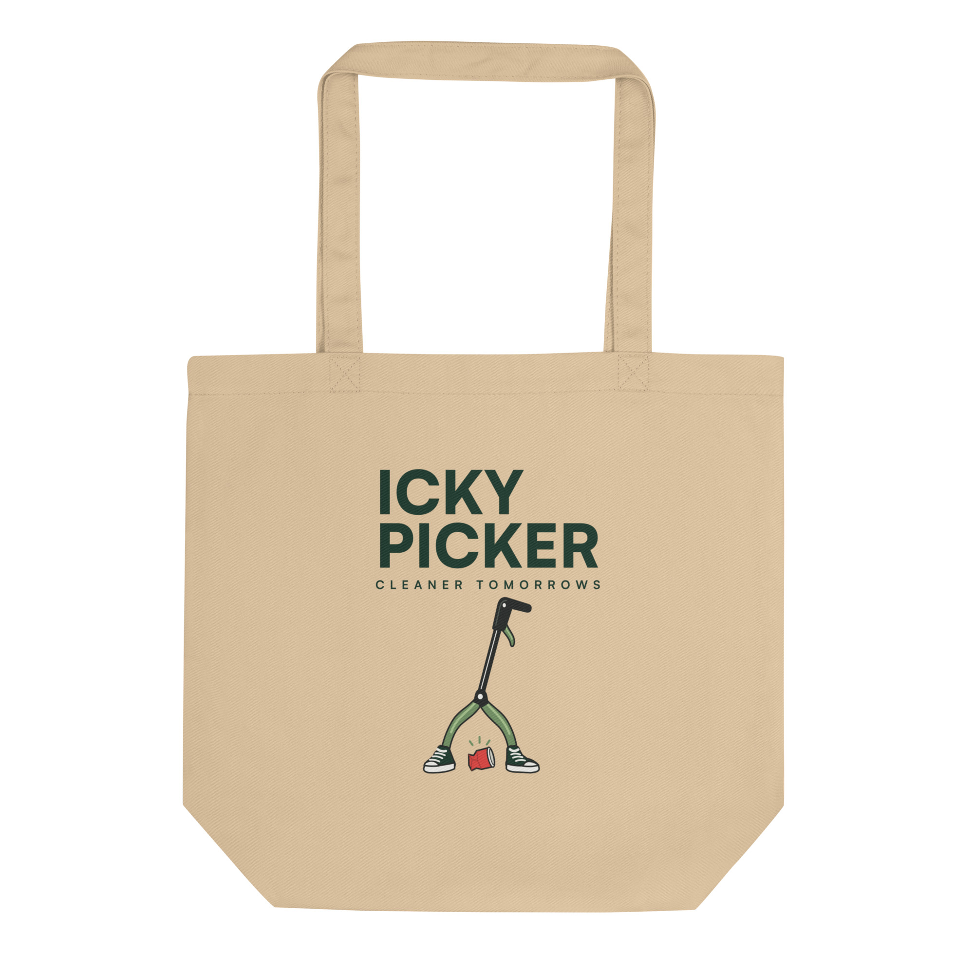 The oyster organic cotton Econscious tote with the stacked Icky Picker logo and mascot printed on the front.