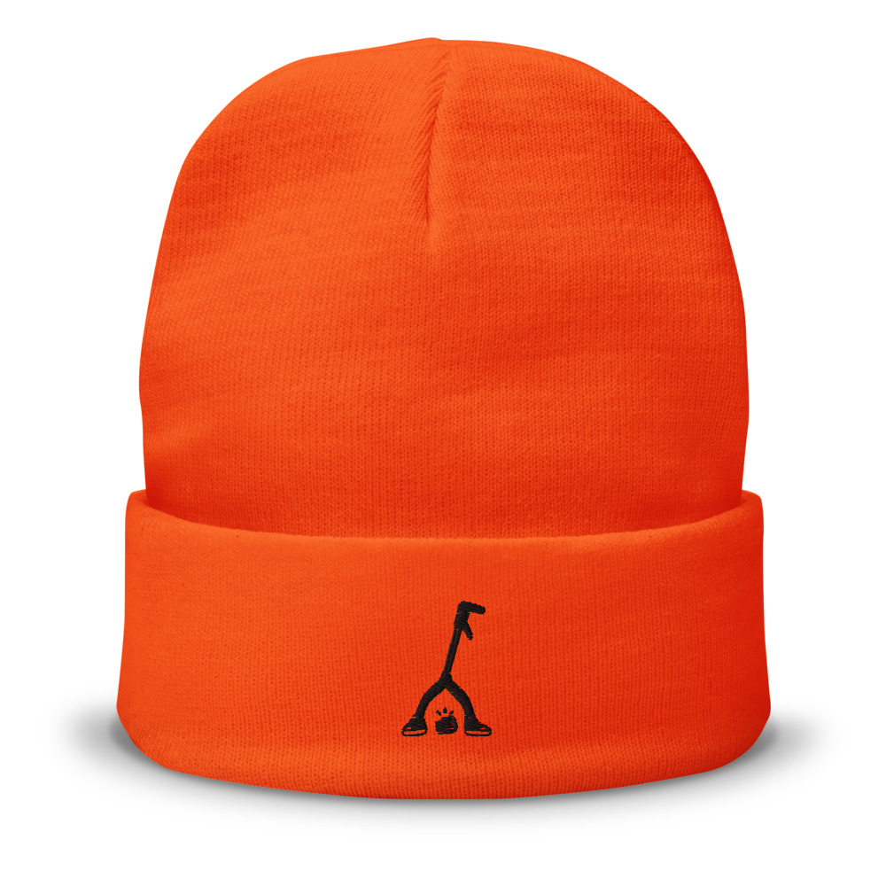 A blaze orange cuffed knit tuque with a small Icky Picker mascot embroidered in forest green on the cuff.
